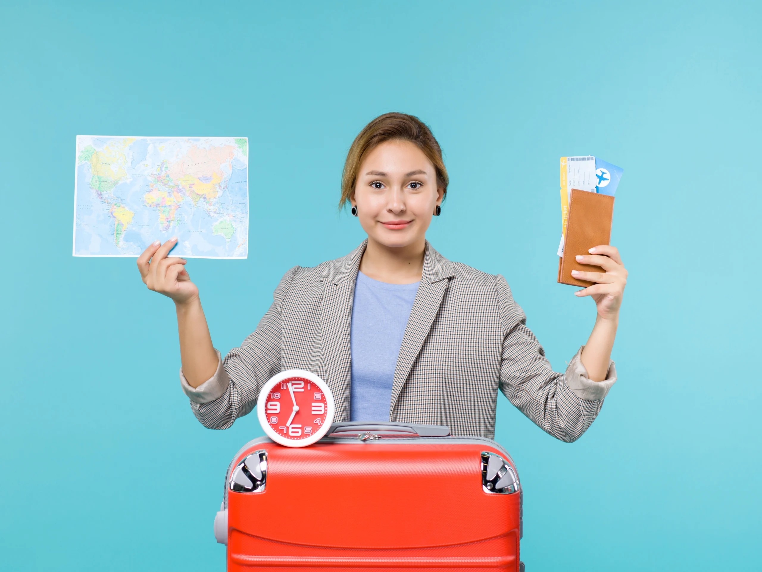 female holding map tickets tourist visa