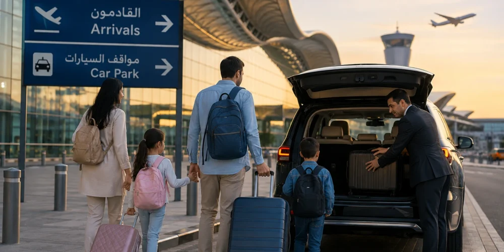 Family with luggage meeting a private airport pickup driver at Abu Dhabi Airport arrivals.