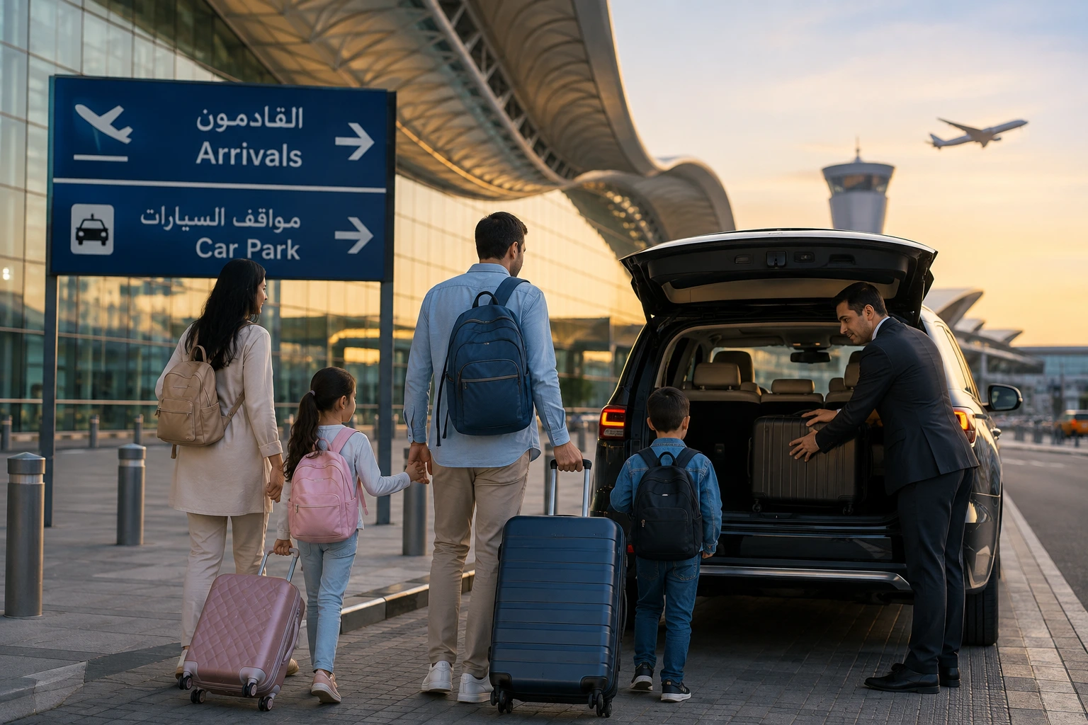 Family with luggage meeting a private airport pickup driver at Abu Dhabi Airport arrivals.