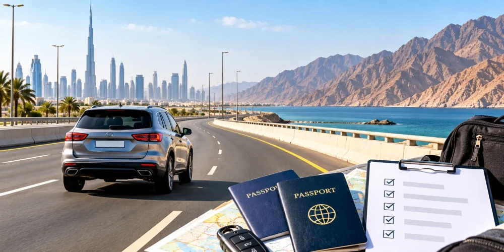 Dubai to Oman road trip by car with travel essentials.