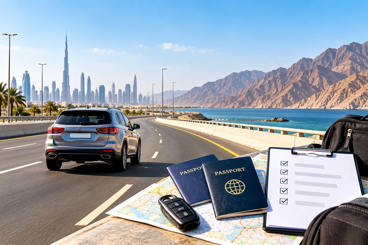 Dubai to Oman road trip by car with travel essentials.