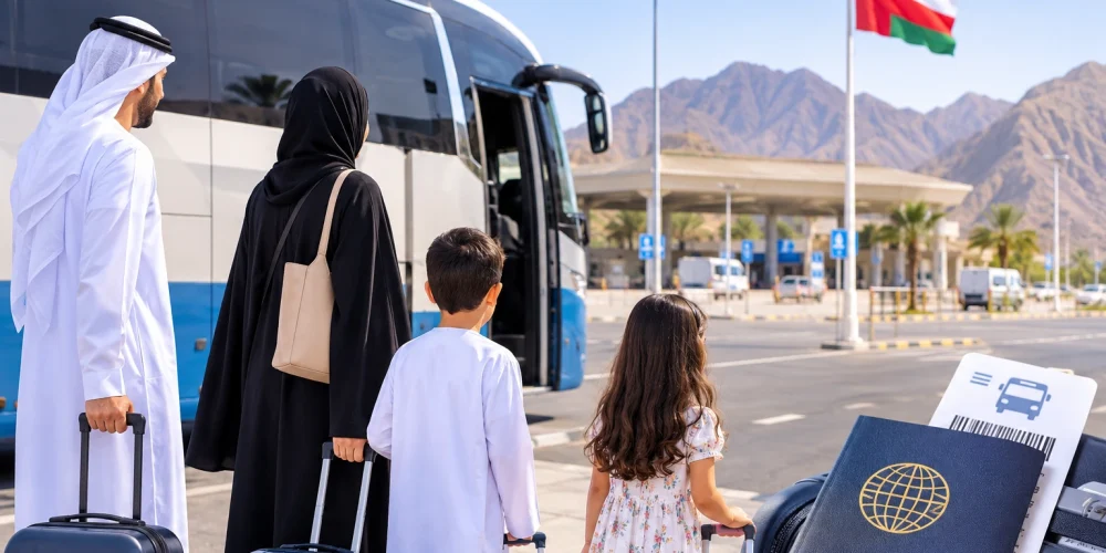 Abu Dhabi to Oman by bus with luggage and travel documents.