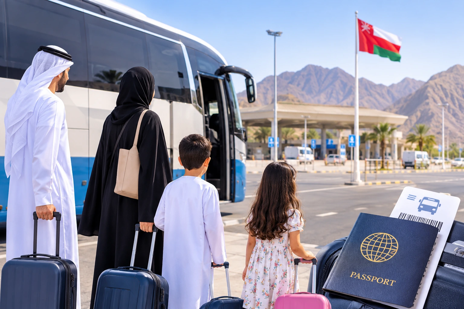 Abu Dhabi to Oman by bus with luggage and travel documents.